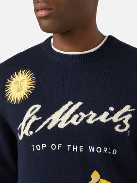 Navy blue Heron crewneck knit with St. Moritz intarsia and embroidery | Special edition