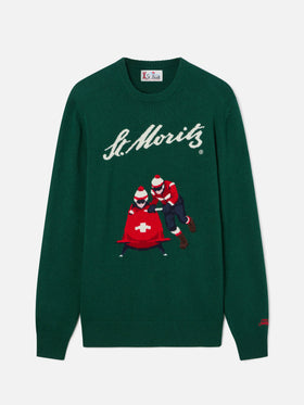 Crewneck-Strickpullover Green Heron mit St. Moritz-Intarsie | Special edition 
