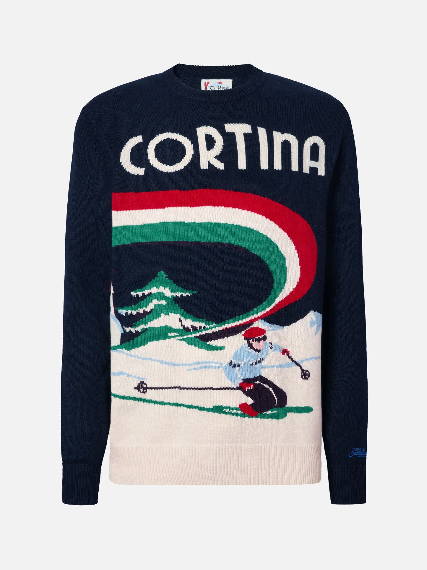 Heron sweater in blue with Cortina postcard jacquard