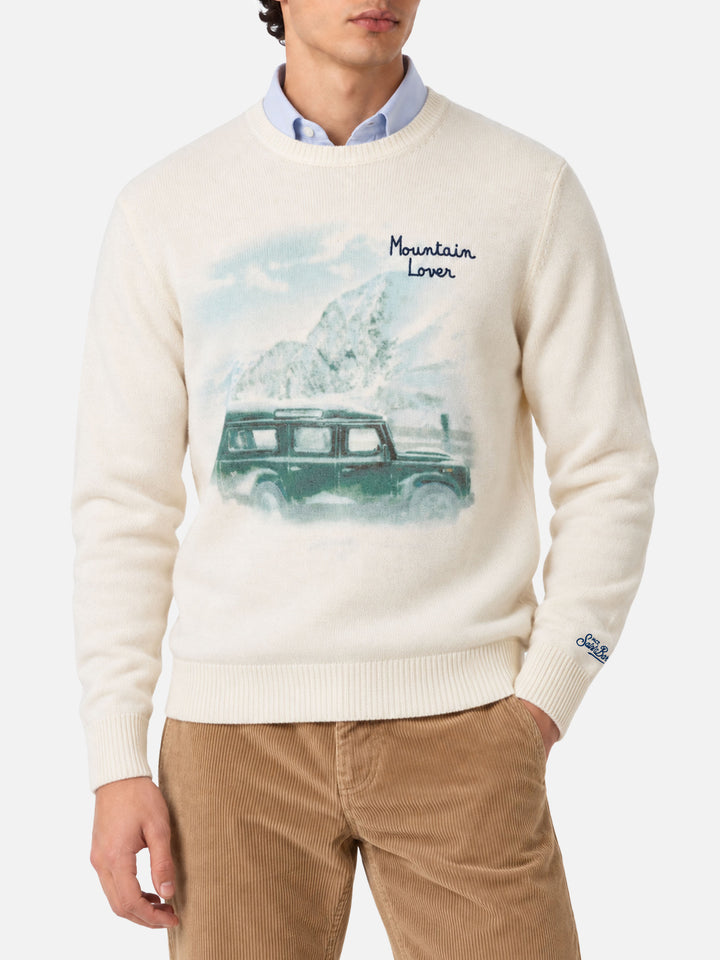 Rundhalspullover Heron mit Print und Mountain lover-Stickerei 