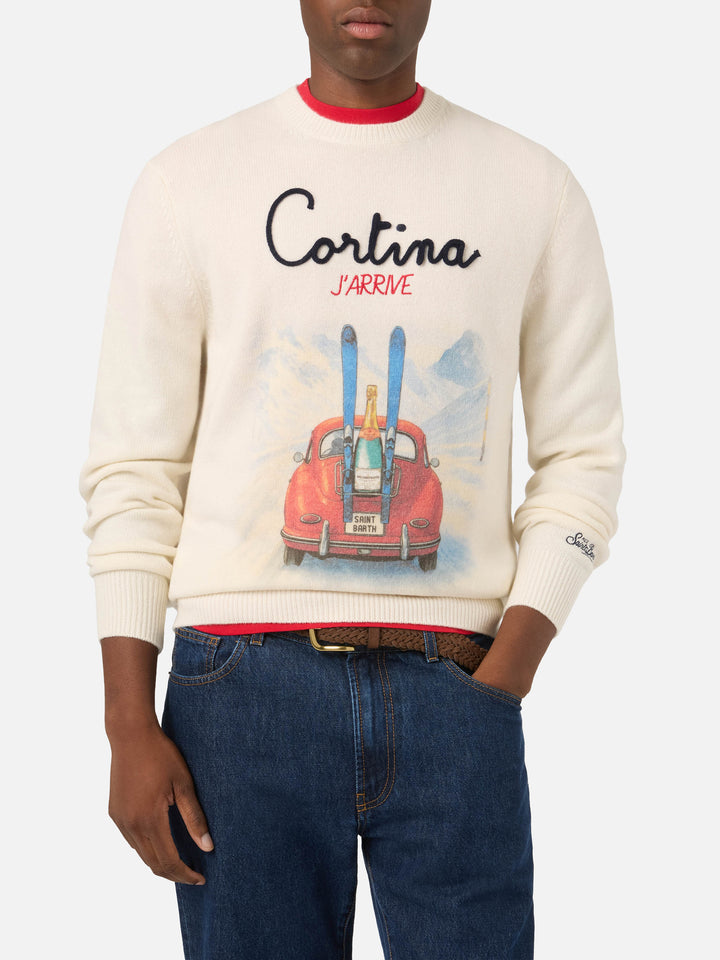 Maglia girocollo Heron grigia in misto lana e cashmere con intarsio e ricamo Cortina J'arrive