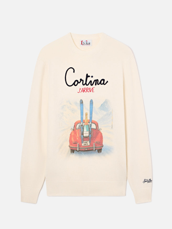 Grey Heron wool and cashmere blend crewneck with Cortina J'arrive intarsia and embroidery