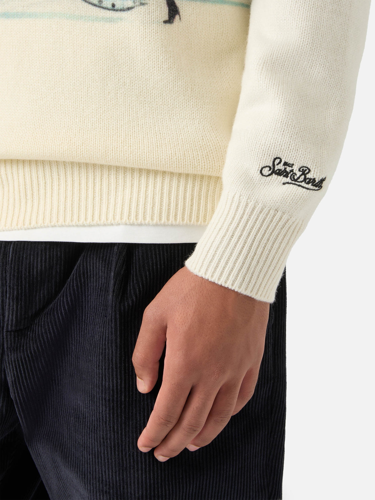Maglia girocollo Heron grigia in misto lana e cashmere con intarsio e ricamo jet privato | Special edition
