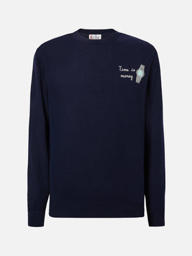 Crewneck sweater Heron Light with Time is Money clock embroidery