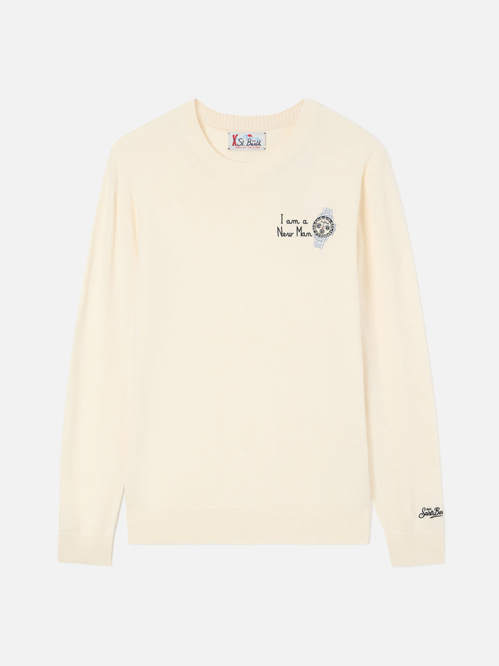 Grey Heron jersey de cuello redondo en mezcla de lana ligera y cachemira con bordado I Am A New Man 