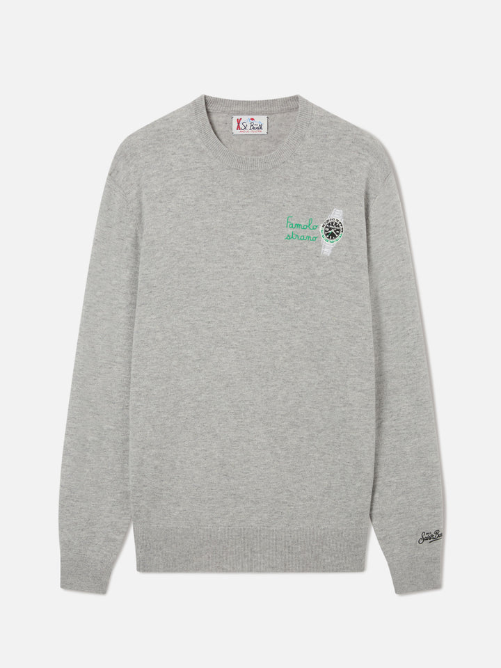 Maglia girocollo Heron Light grigia in misto lana e cashmere con ricamo Famola Strana