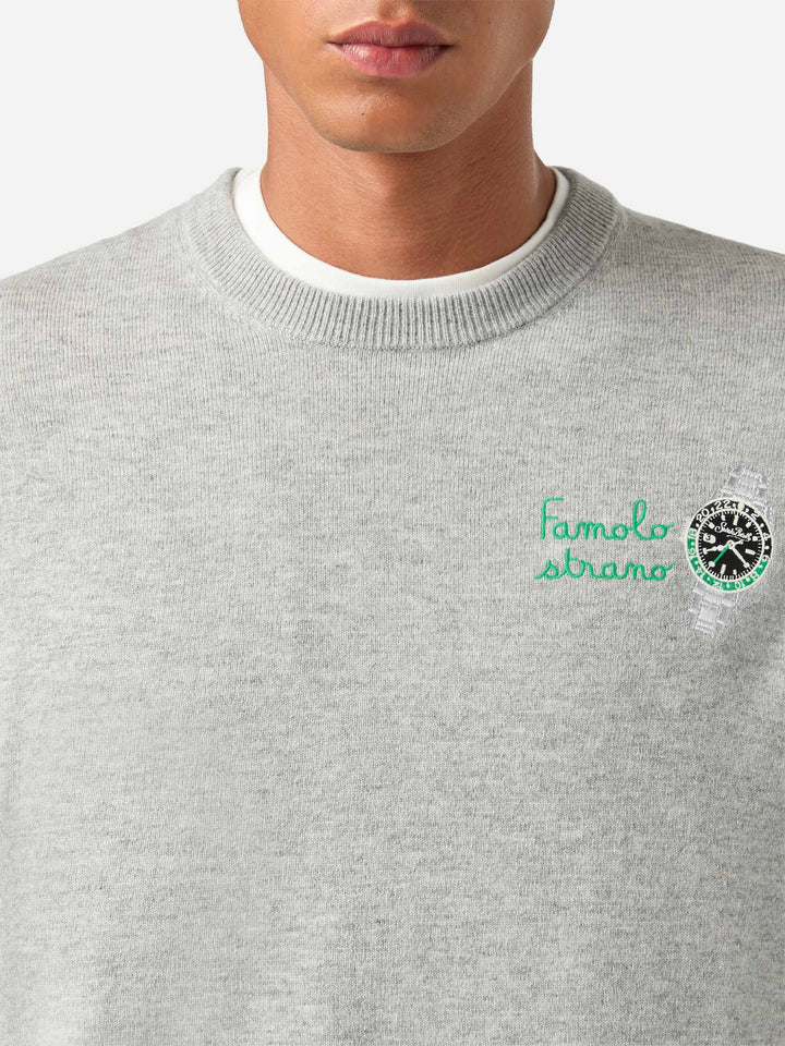Jersey de cuello redondo Grey Heron en mezcla ligera de lana y cachemira con bordado Famola Strana 