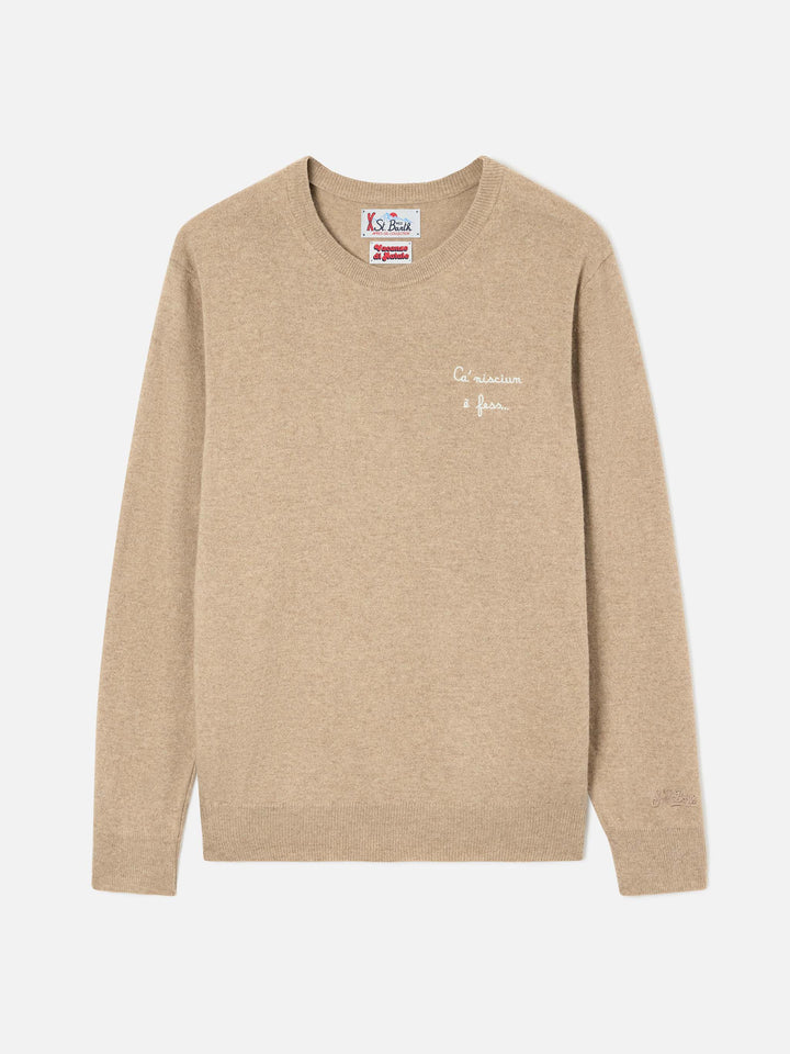 Beige Heron Light wool and cashmere blend crewneck with Ca' Nisciun È Fess embroidery | Special edition