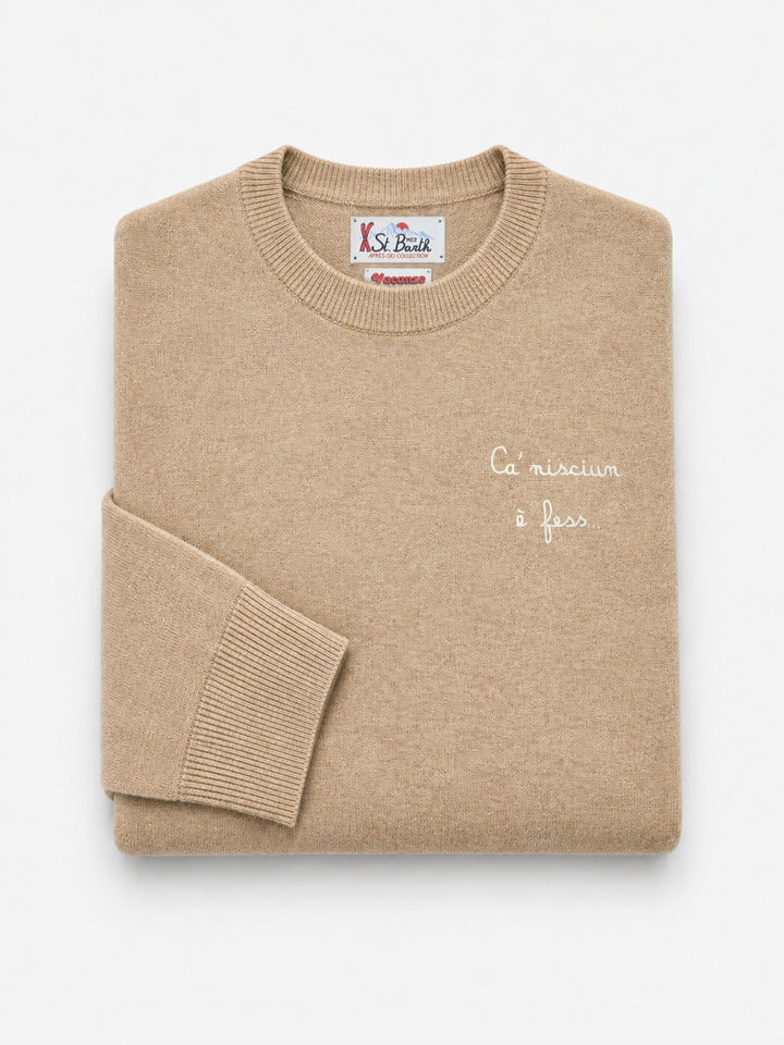 Jersey de cuello redondo Beige Heron en mezcla ligera de lana y cachemira con bordado Ca' Nisciun È Fess | Special edition 
