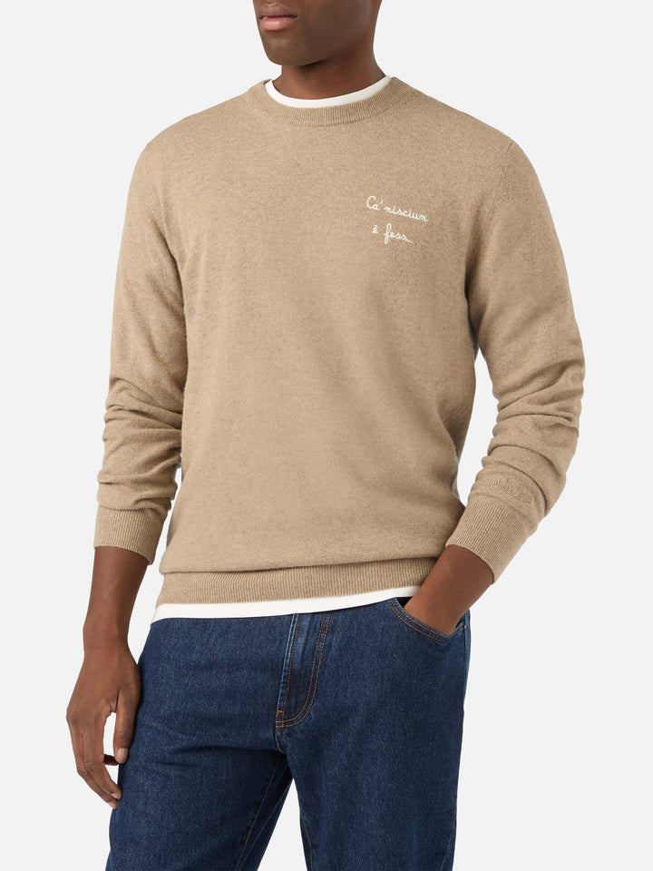 Beige Heron Light wool and cashmere blend crewneck with Ca' Nisciun È Fess embroidery | Special edition