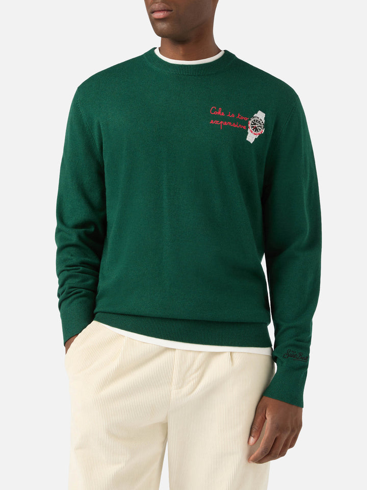 Green Heron Light wool and cashmere blend crewneck with watch embroidery