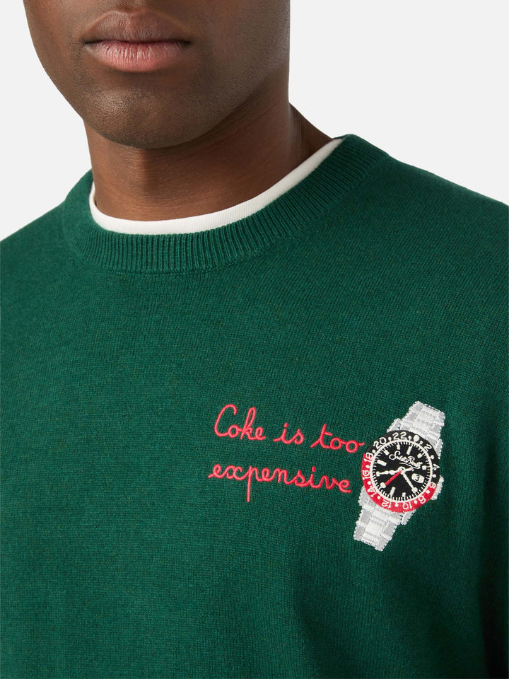 Maglia girocollo Heron Light verde in misto lana e cashmere con ricamo orologio