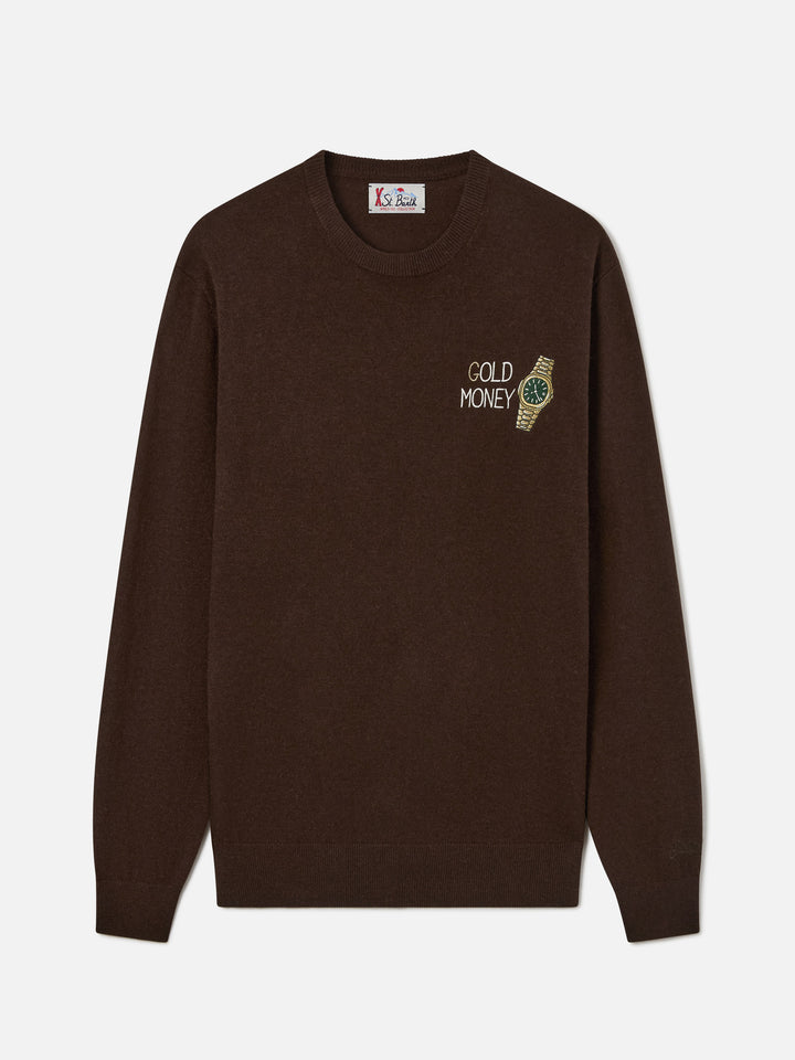 Maglia girocollo Heron Light marrone in misto lana e cashmere con ricamo Gold Money