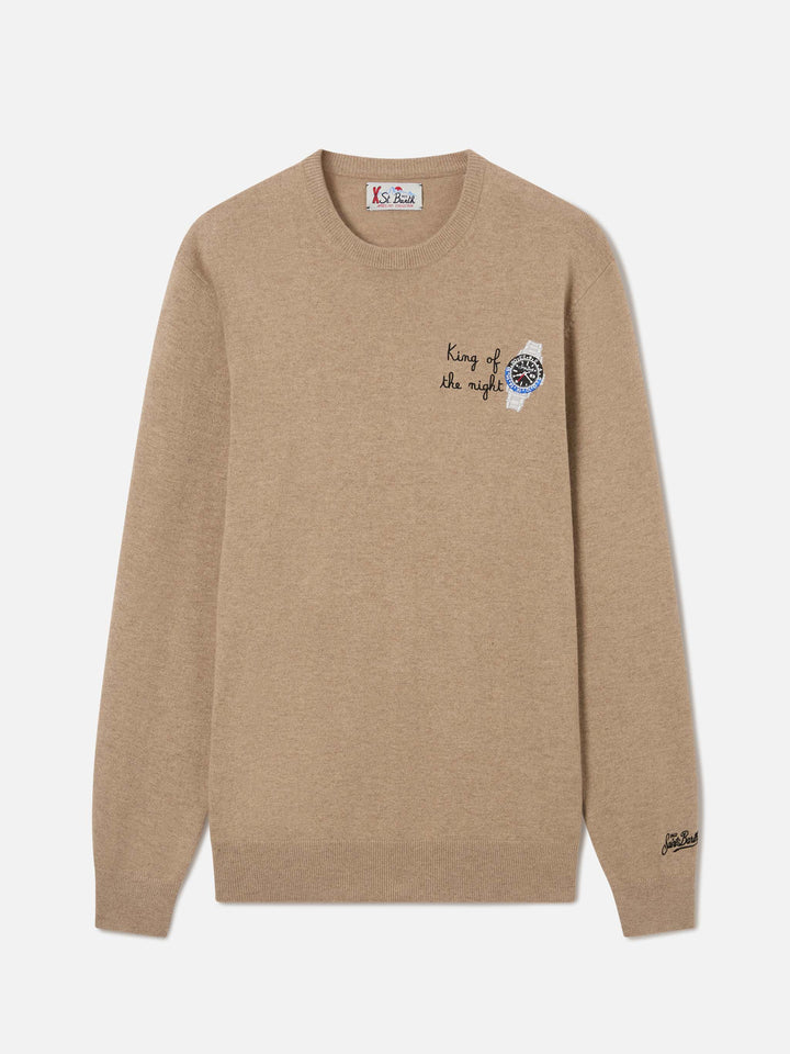 Maglia girocollo Heron Light beige in misto lana e cashmere con ricamo King Of The Night