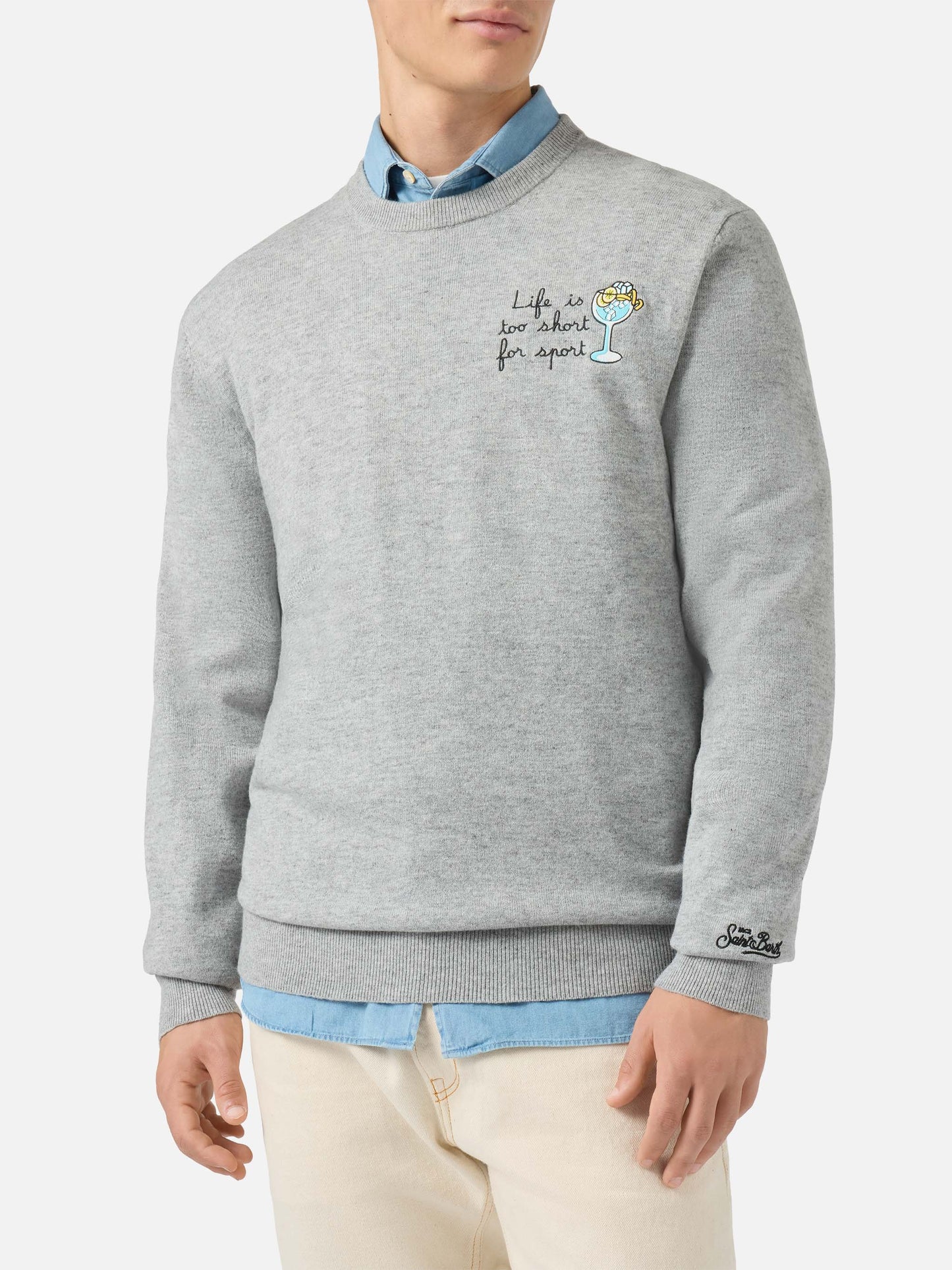 Rundhalspullover Heron Light mit der Stickerei „Das Leben ist zu kurz für Sport“