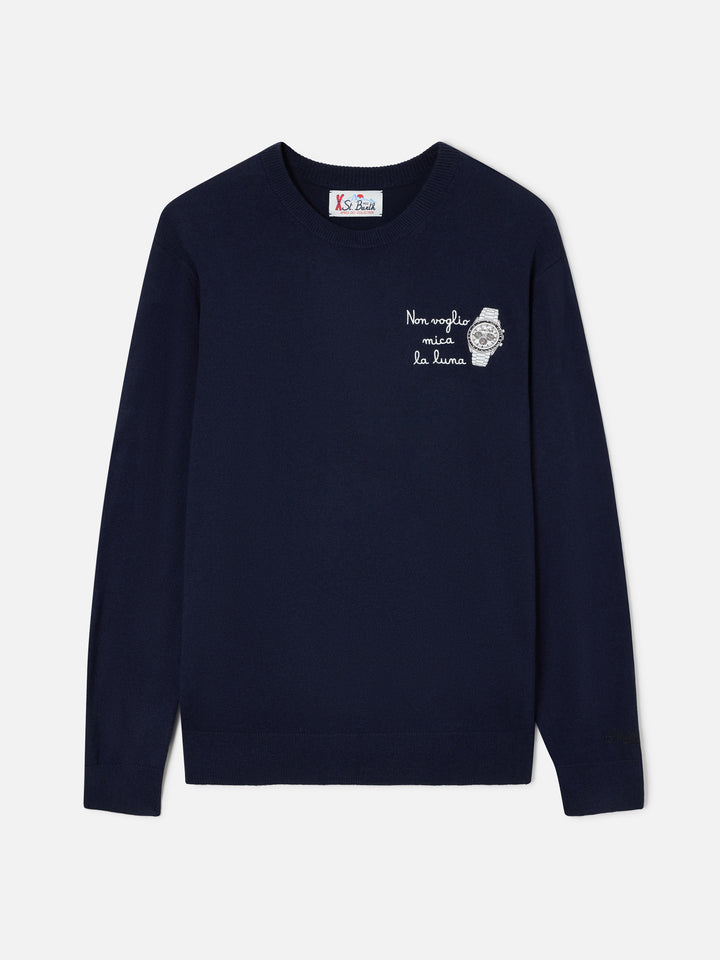 Jersey de cuello redondo Navy blue Heron en mezcla ligera de lana y cachemir con bordado Non Voglio Mica La Luna 