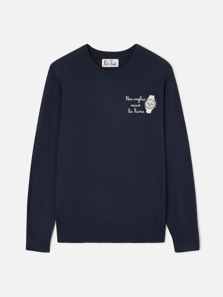 Navy blue Heron Light wool and cashmere blend crewneck with Non Voglio Mica La Luna embroidery