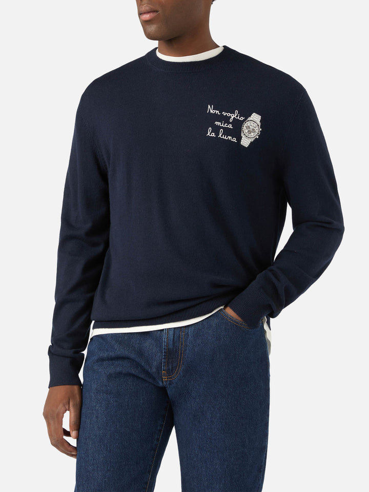 Navy blue Heron Light wool and cashmere blend crewneck with Non Voglio Mica La Luna embroidery