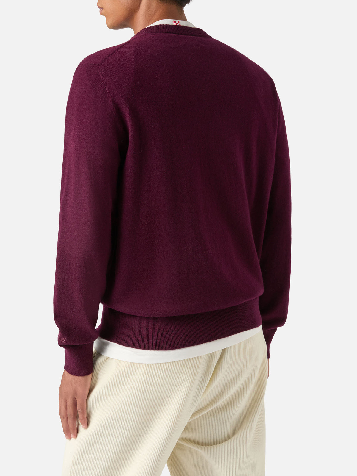 Jersey de cuello redondo Burgundy Heron en mezcla ligera de lana y cachemira con bordado Don't Spend, Invest 