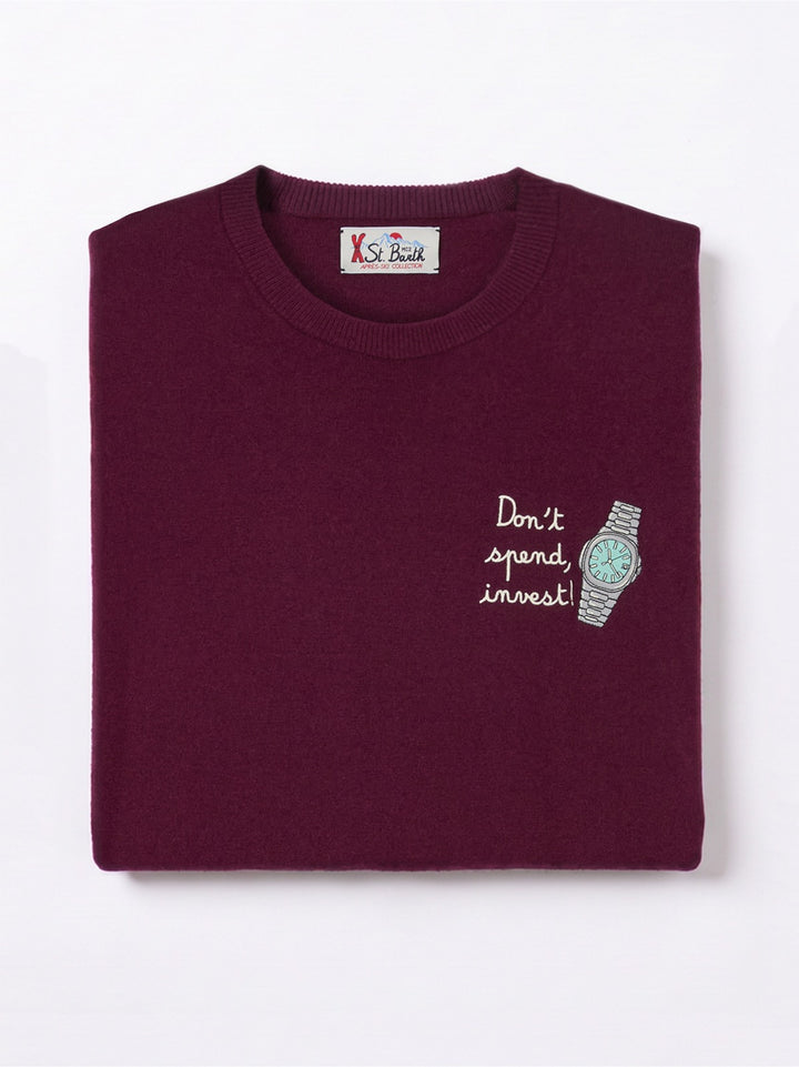 Jersey de cuello redondo Burgundy Heron en mezcla ligera de lana y cachemira con bordado Don't Spend, Invest 
