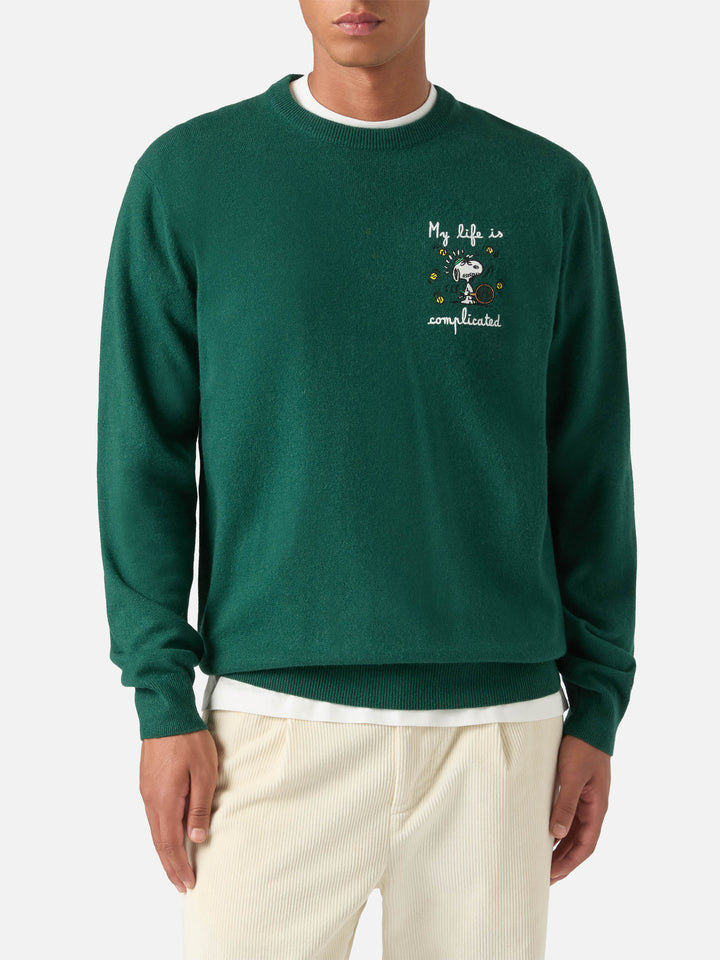 Green Heron Jersey de cuello redondo en mezcla de lana ligera y cachemira con bordado de Snoopy | Special edition 