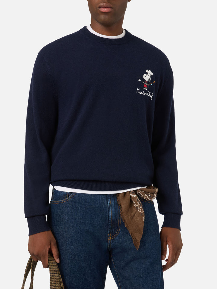 Navy blue Heron Light wool and cashmere blend crewneck with Snoopy Master Chef embroidery | Special edition
