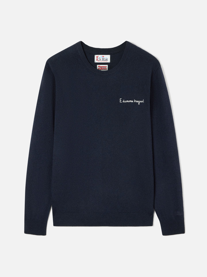 Navy blue Heron Light wool and cashmere blend crewneck with E Damme Tregua embroidery | Special edition