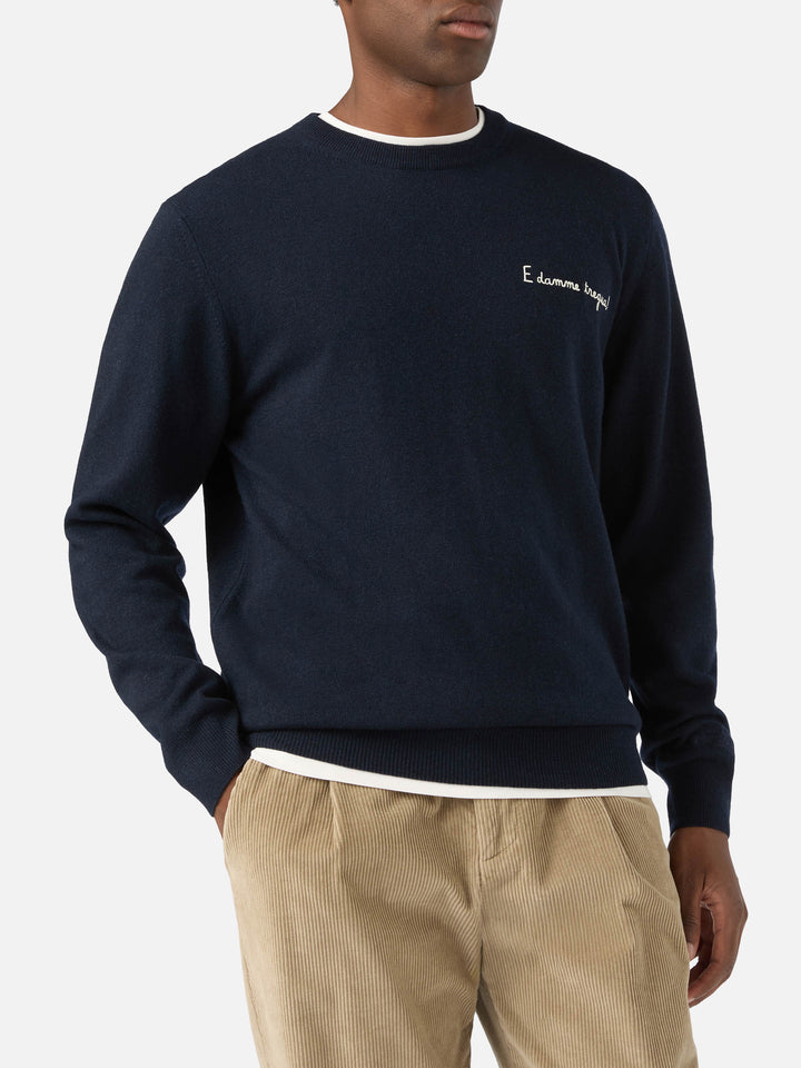 Navy blue Heron Light wool and cashmere blend crewneck with E Damme Tregua embroidery | Special edition