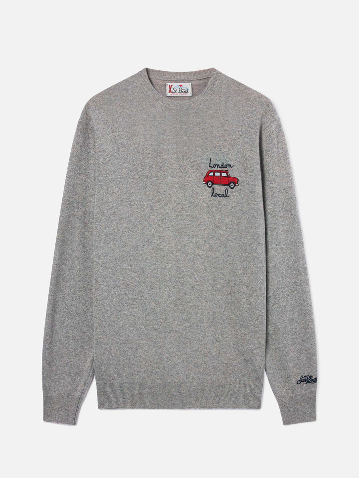 Grey Heron Light wool and cashmere blend crewneck with Mini embroidery | Special edition