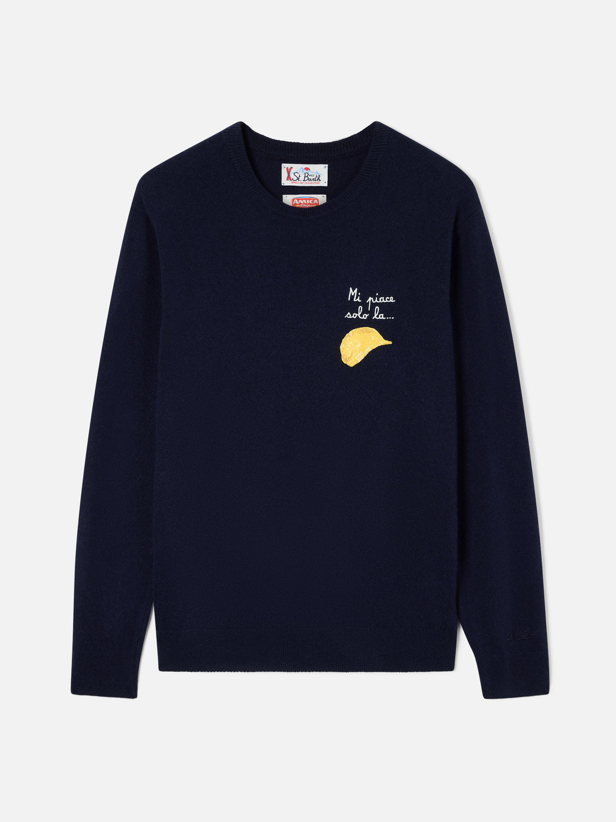Navy blue Heron Light wool and cashmere blend crewneck with Amica Chips embroidery | Special edition