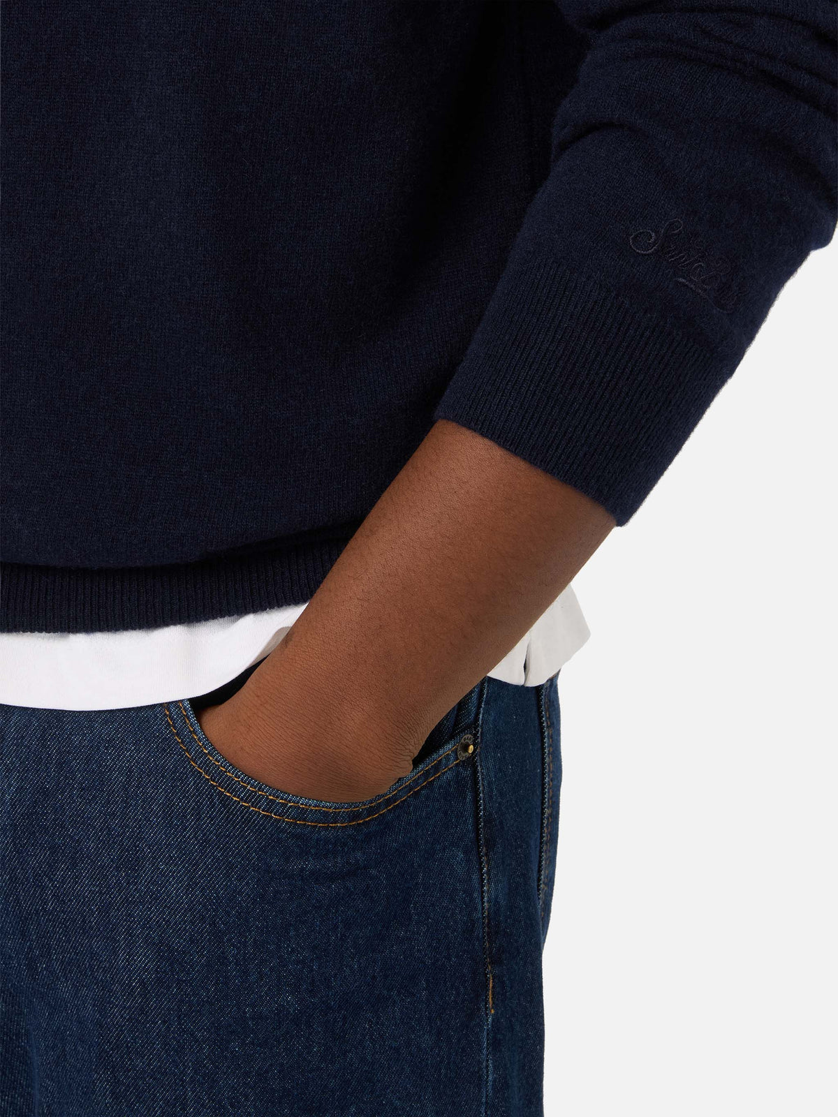 Navy blue Heron Light wool and cashmere blend crewneck with Amica Chips embroidery | Special edition