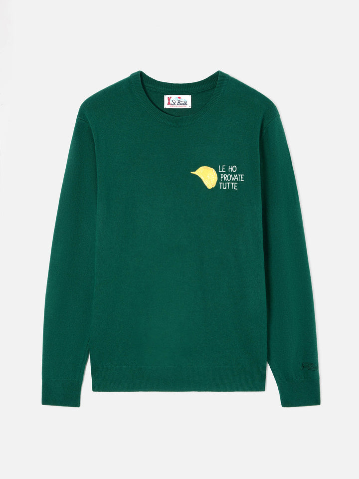 Green Heron Light wool and cashmere blend crewneck with Amica Chips embroidery | Special edition