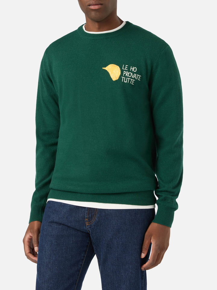 Green Heron Light wool and cashmere blend crewneck with Amica Chips embroidery | Special edition