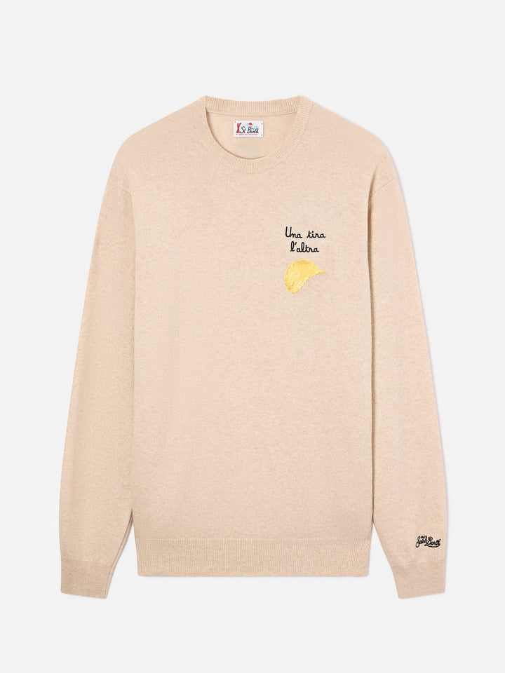 Pull Beige Heron à col rond en mélange de laine légère et de cachemire avec broderie Amica Chips | Special edition 