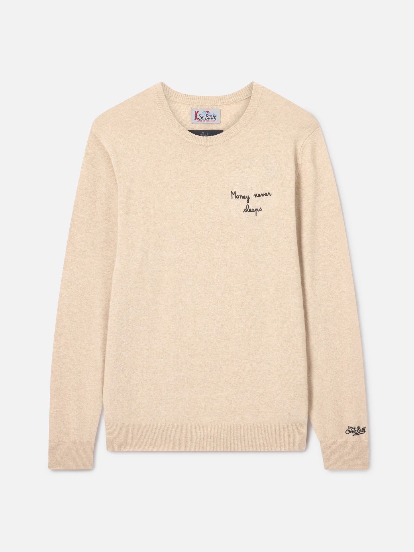 Heron Light Rundhals-Strick in Beige mit Wall Street Money Sleep-Stickerei 
