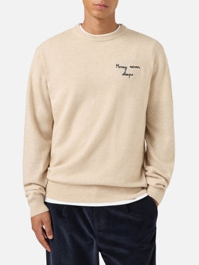 Maglia girocollo Heron Light beige in misto lana e cashmere con ricamo Money Never Sleeps | Special edition