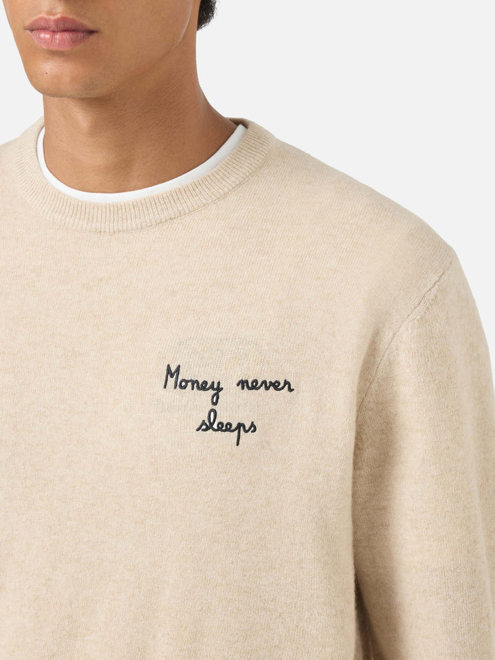 Heron Light Rundhals-Strick in Beige mit Wall Street Money Sleep-Stickerei 