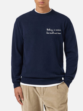 Pull en maille ras-du-cou Heron Light bleu marine blue avec broderie 