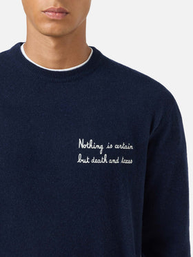 Pull en maille ras-du-cou Heron Light bleu marine blue avec broderie 