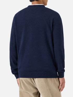 Pull en maille ras-du-cou Heron Light bleu marine blue avec broderie 