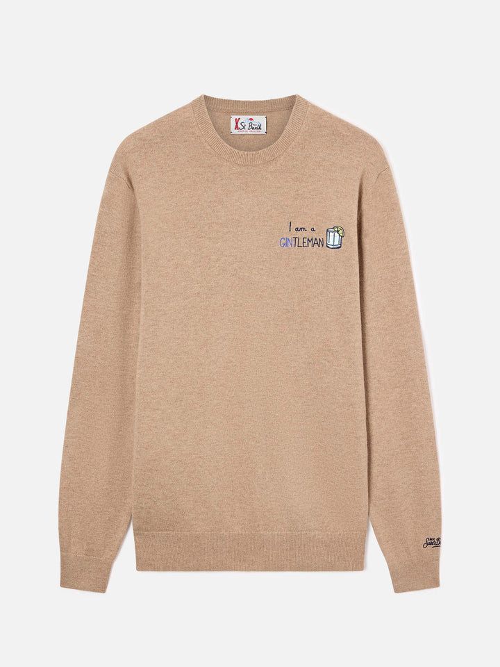 Pull col rond Beige Heron en mélange léger de laine et de cachemire avec broderie Gintleman 