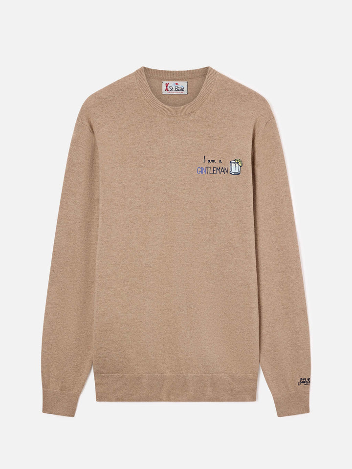 Pull col rond Beige Heron en mélange léger de laine et de cachemire avec broderie Gintleman 