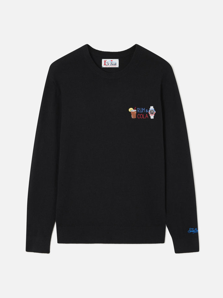 Jersey de cuello redondo Black Heron en mezcla ligera de lana y cachemir con bordado Rum & Cola 