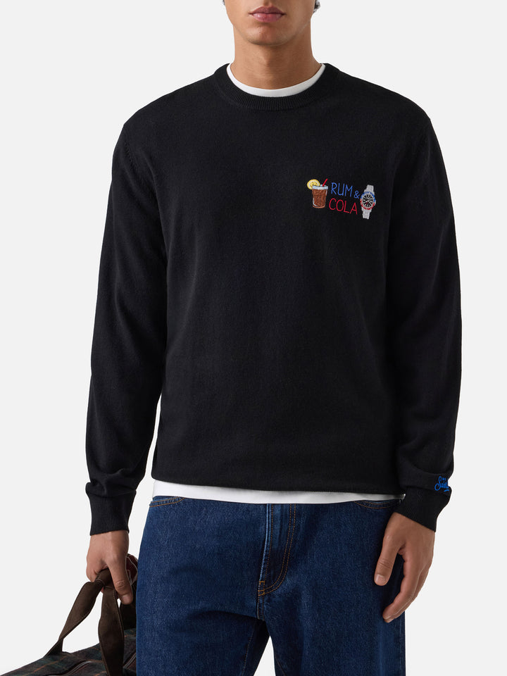 Maglia girocollo Heron Light nera in misto lana e cashmere con ricamo Rum & Cola