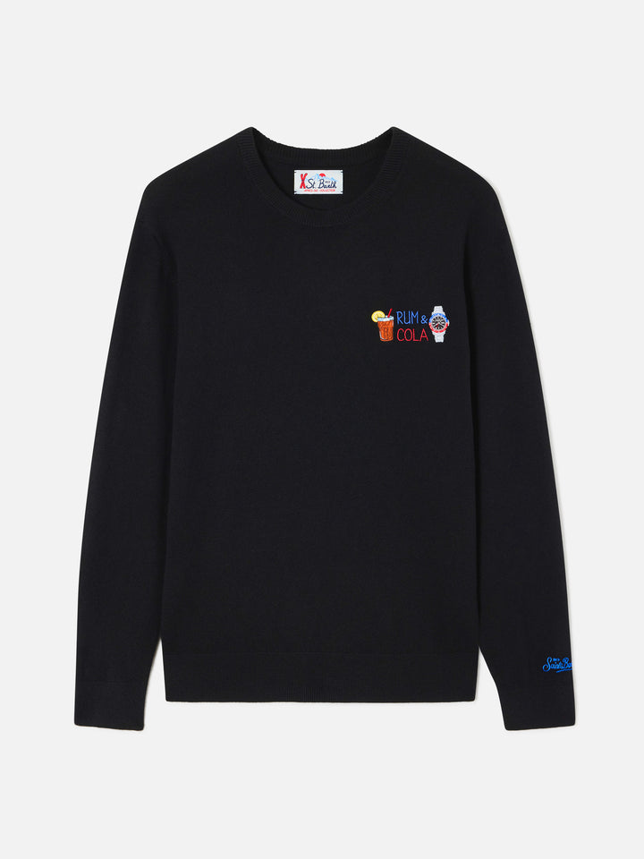Pull col rond Black Heron en mélange léger de laine et cachemire avec broderie Rum & Cola 