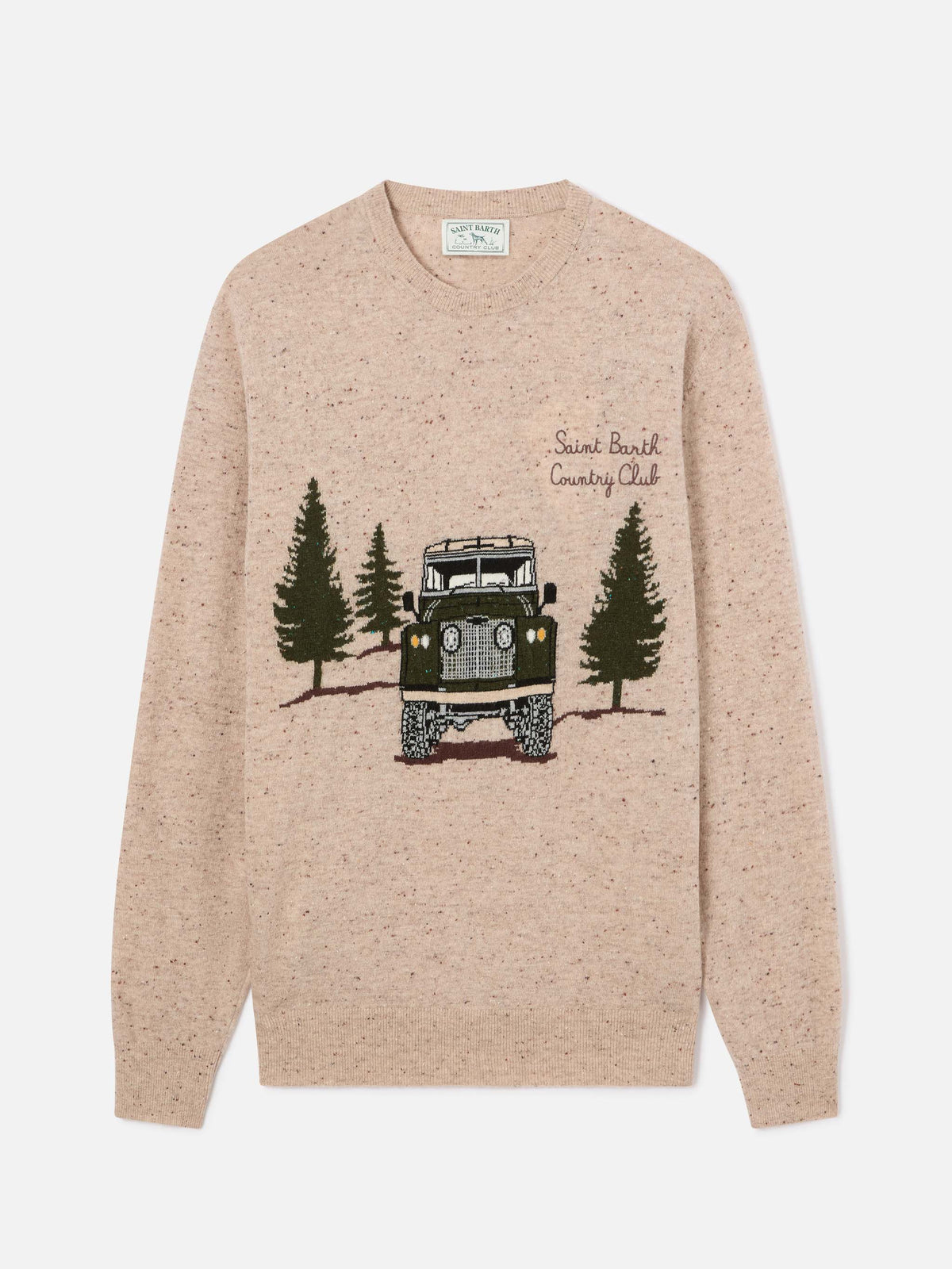 Beiger Heron Donegal-Strickpullover mit Rundhalsausschnitt, Country Club-Intarsie und Stickerei 