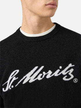 Heron Light sweater in 100% black CASHMERE with St. Moritz intarsia | ST. MORITZ TOP OF THE WORLD