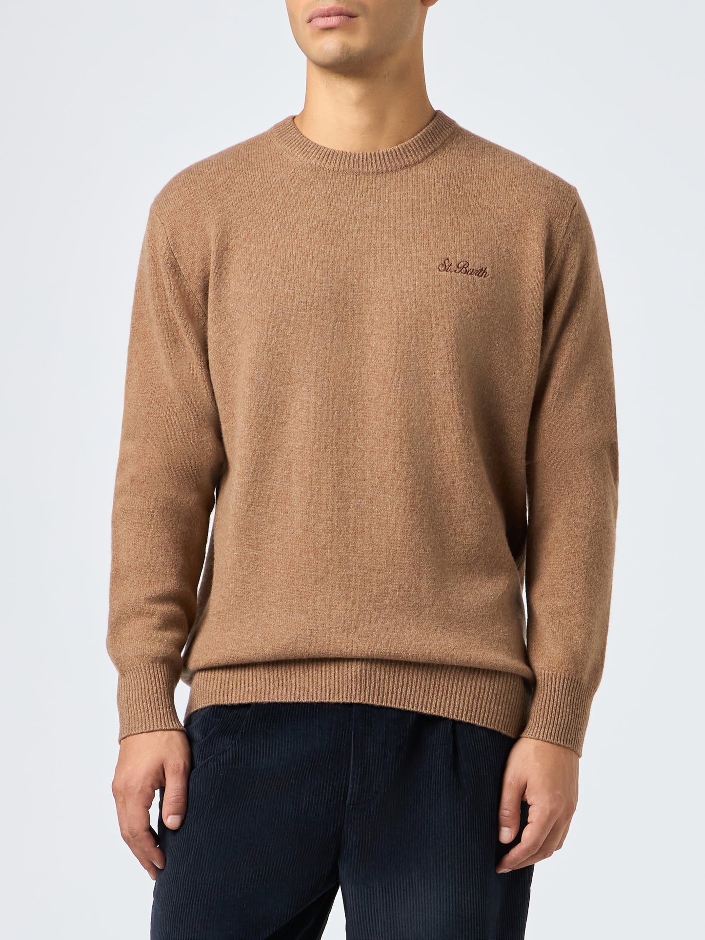 Man crewneck camel sweater with St. Barth embroidery - MC2 Saint Barth