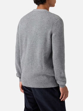 Herrison pure-wool cardigan in grey melange with English rib knit