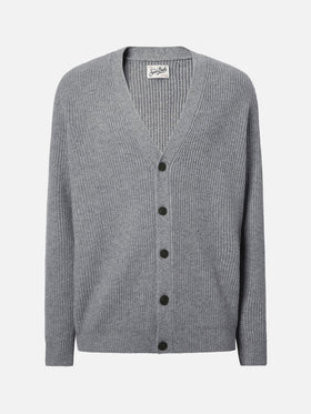 Herrison pure-wool cardigan in grey melange with English rib knit